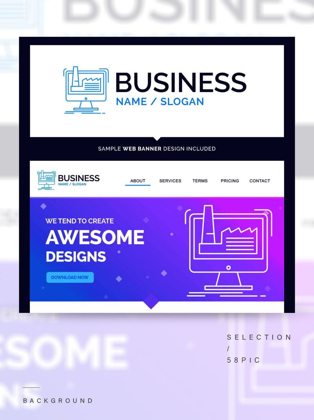 美丽的商业概念品牌名称数字工厂制造生产产品徽标设计和粉红色和蓝色背景网站标题设计模板标语标语的地方独家网站横幅和企业徽标设计模板